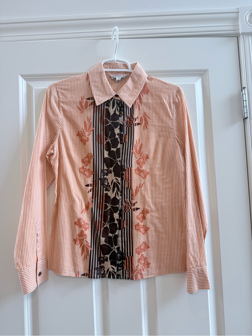 St. John Peach-Striped Floral-Panel Dress Shirt